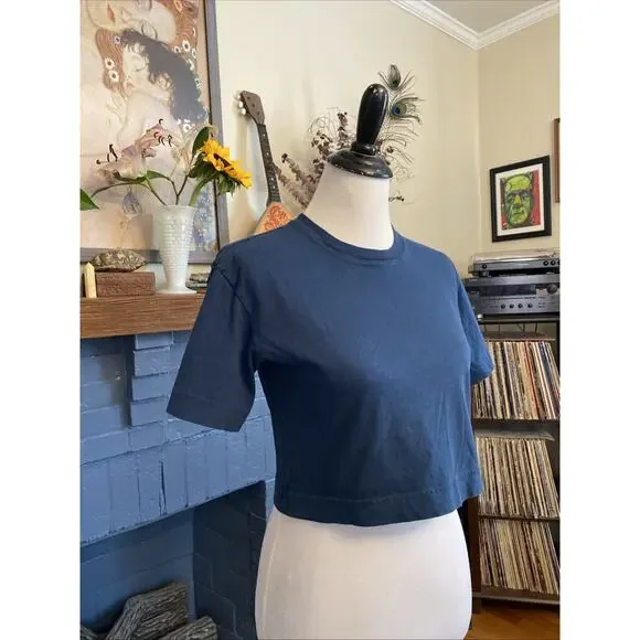 Everlane XXS 100% Organic Cotton Crop Boxy Tee Navy Blue Minimalist Basic - Picture 2 of 10
